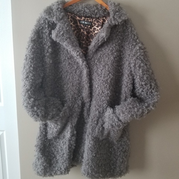 𝅺NEW! STEVE MADDEN Gray Curly Faux Fur Mid-Length Teddy Coat 3X. - Picture 3 of 7